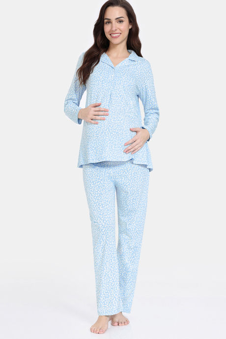 Zivame Maternity Summer Thyme Knit Cotton Pyjama Set - Starlight Blue — image 2